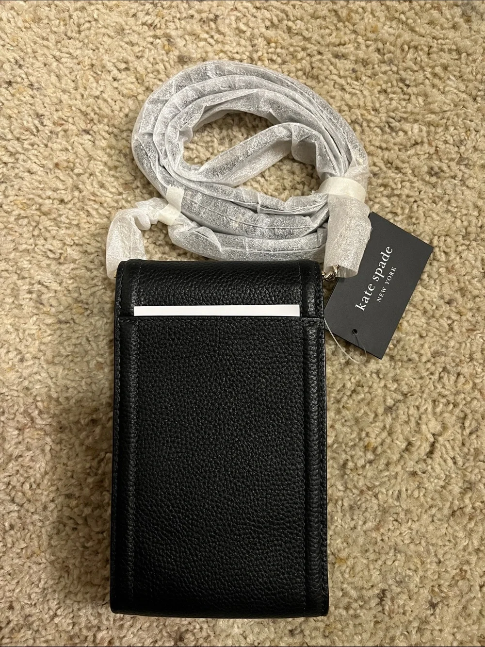kate spade Black Pebbled Leather Phone Crossbody with Gold Logo